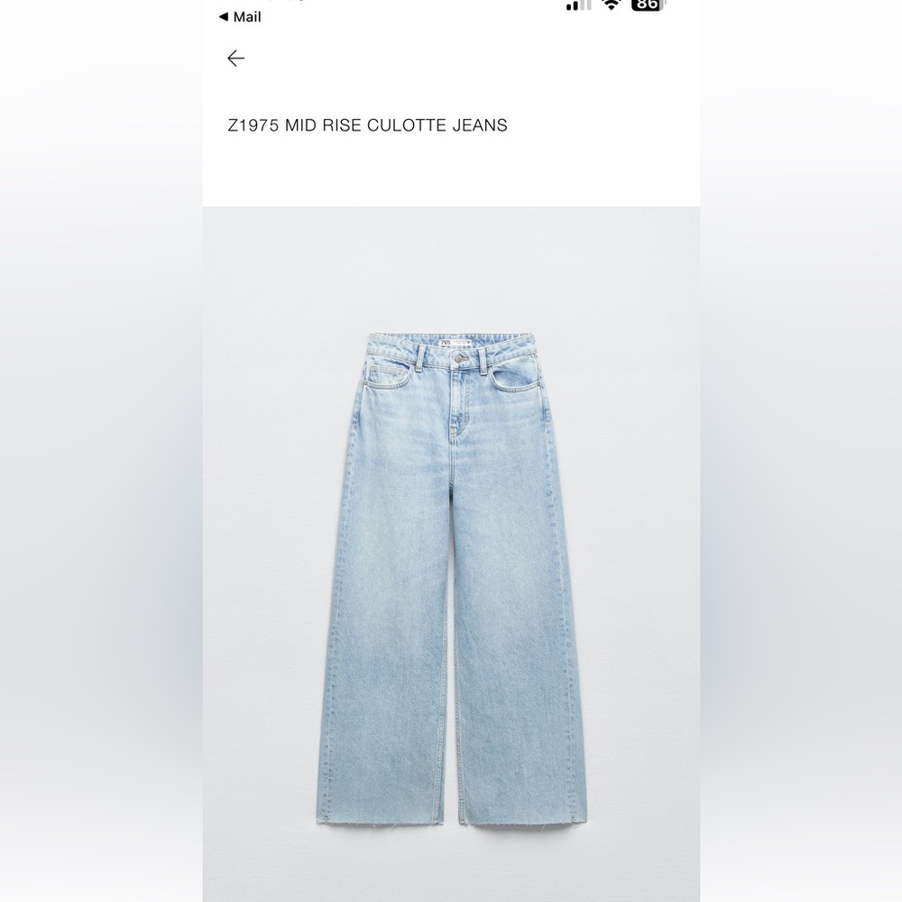 Zara Z1975 Mid Rise Culotte Jeans. NWOT